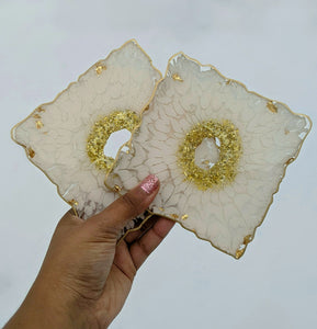 White & Gold Square Resin Coasters - Set of 4