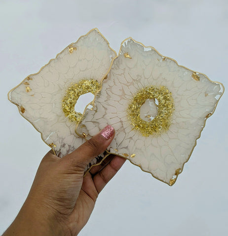 White & Gold Square Resin Coasters - Set of 4